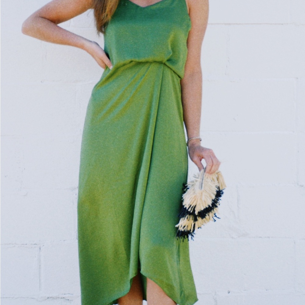 Lucy Paris Satin Green Slip Dress with waist detail